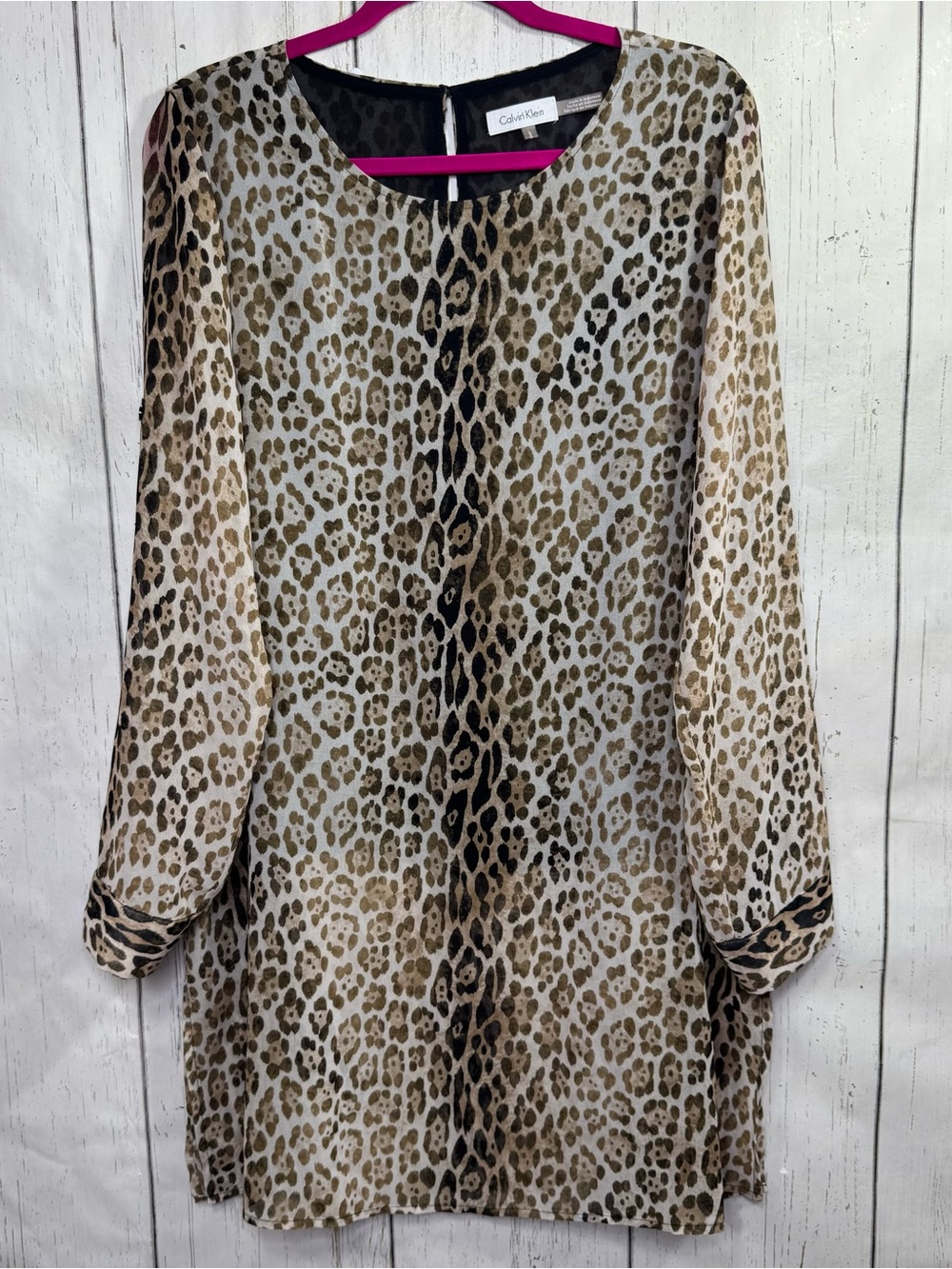 Calvin Klein Leopard Print Shift Dress Size L Long Sleeve Animal Print Career